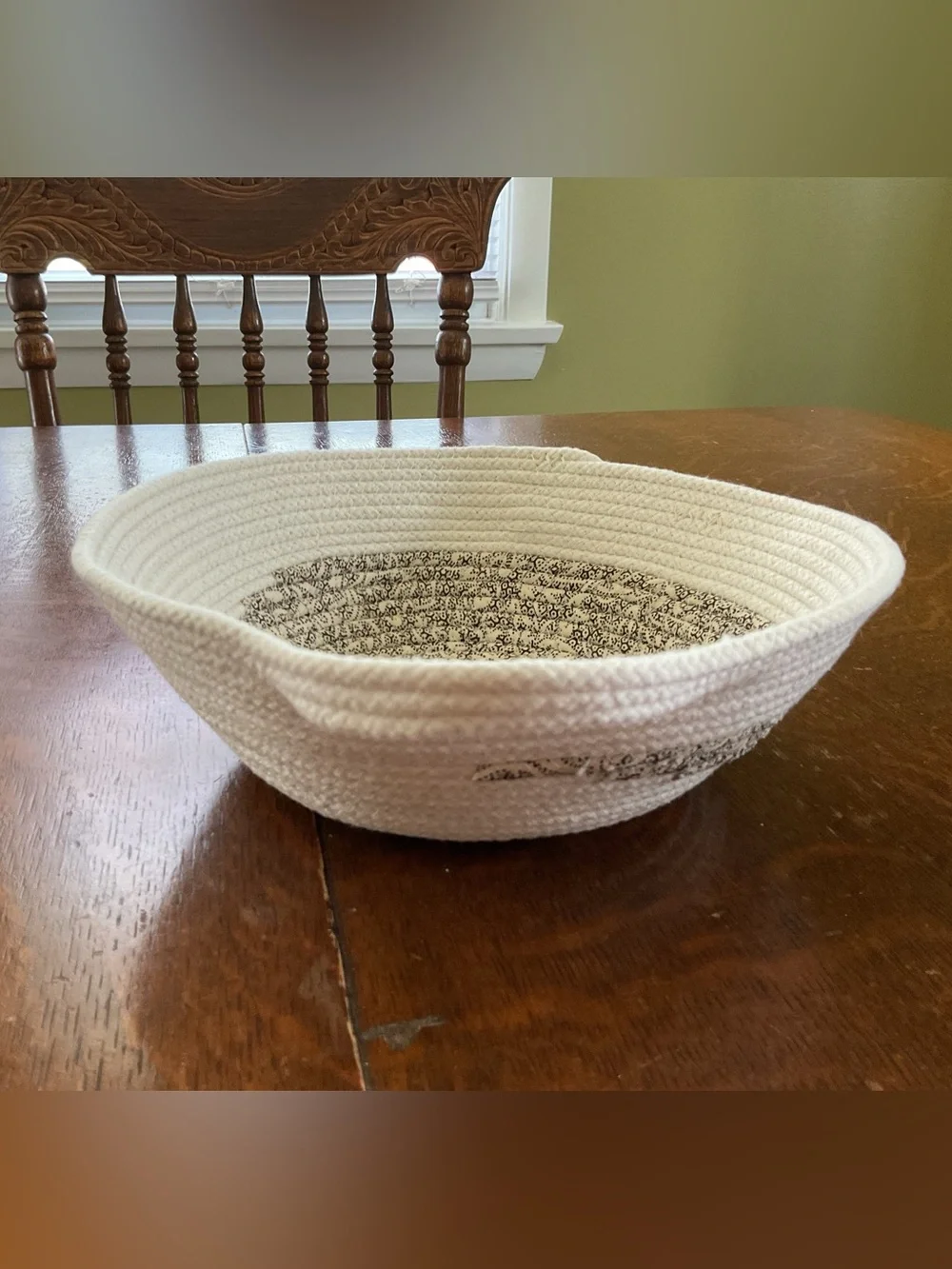 Handmade Coiled Cotton Rope & Fabric Wrapped Decorative Basket with Handles
